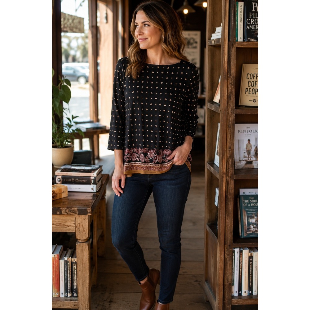 Ann Taylor Factory Black Floral Border Print Boat Neck Top Women's XS 3/4 Sleeve